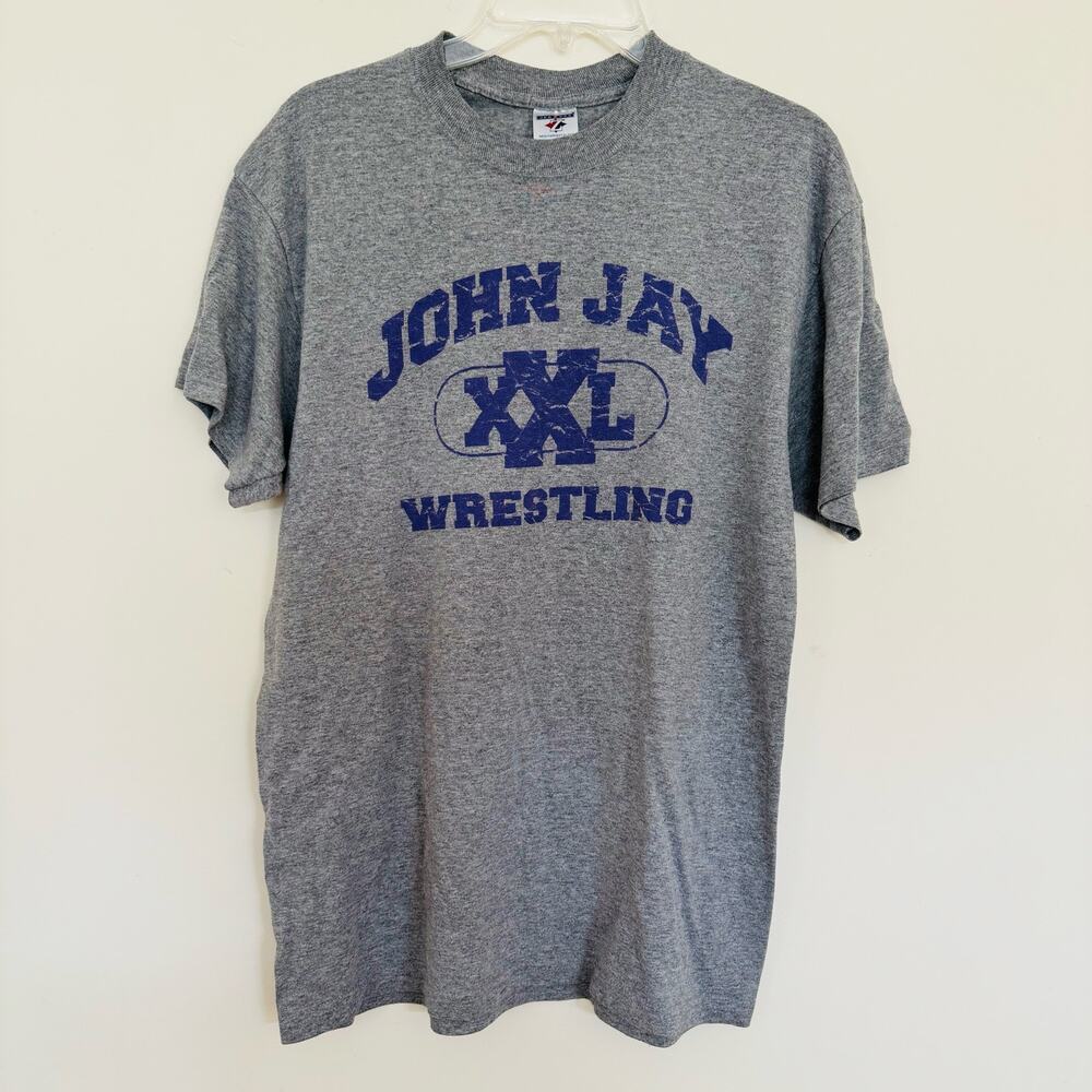 Jerzees Heavyweight Mens Wrestling Cotton Gray Purple Tee Shirt Size Large